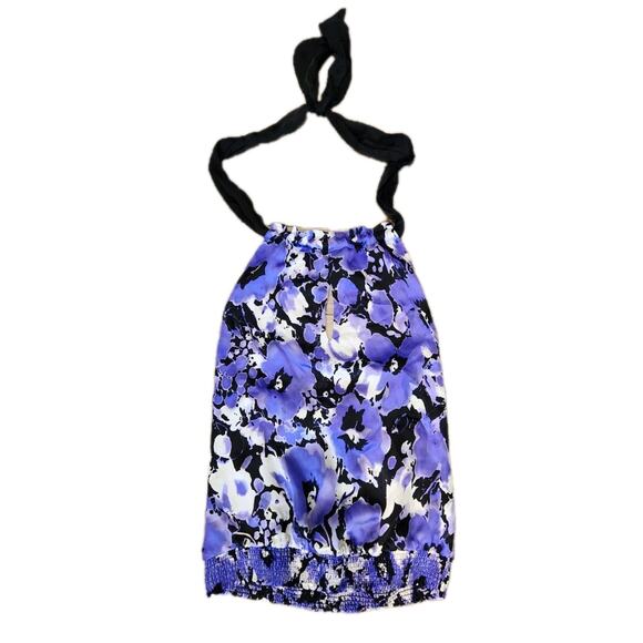 Bebe SILK Purple Floral Halter V Neck Tie Top XS Backless Vacation - Picture 1 of 5